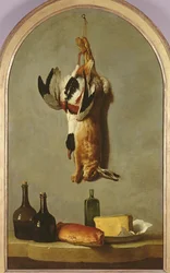 Stilleven met haas, eend, flessen, brood en kaas, 1742